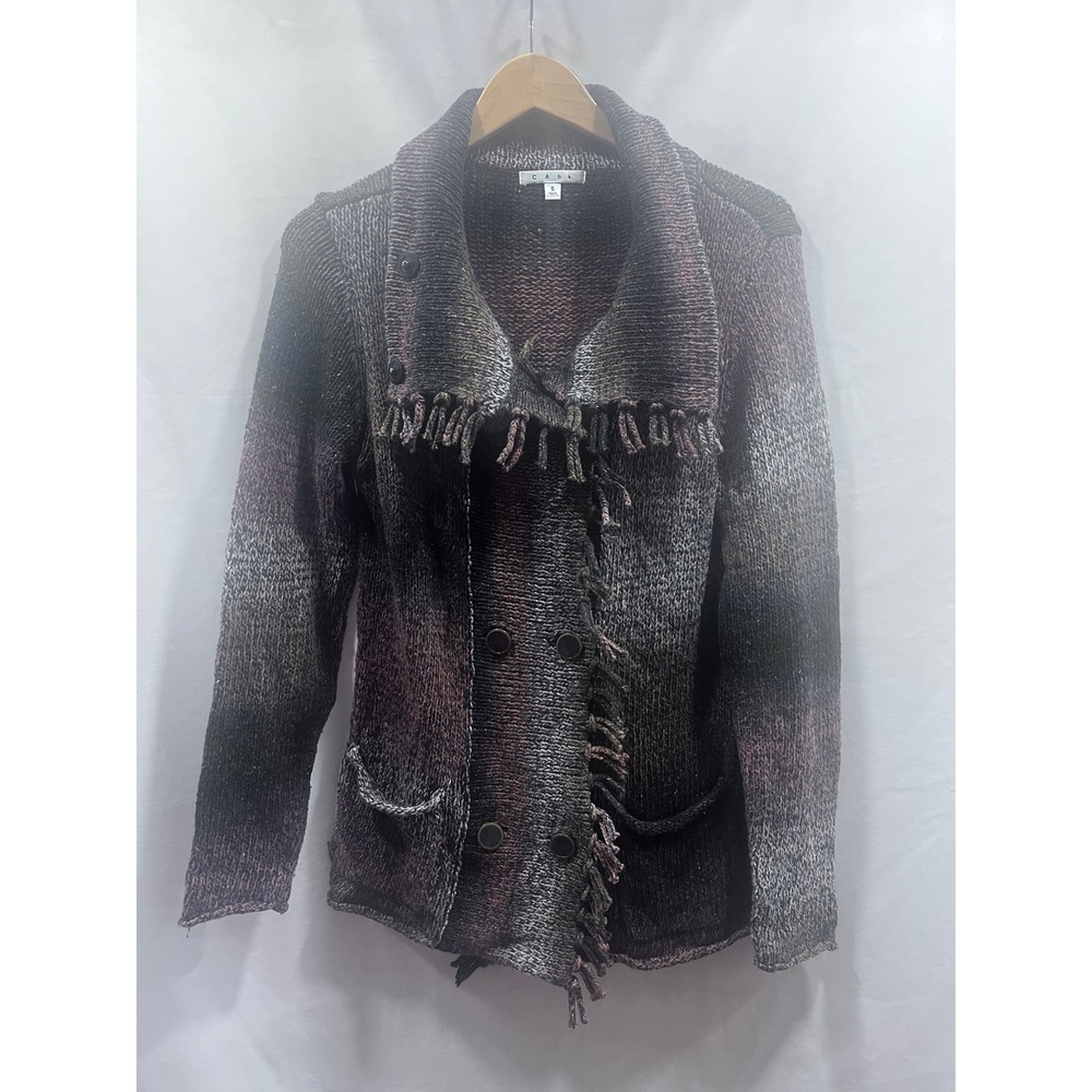 Cabi 903 Ombre Fringe Knit Sweater Jacket Brown Grey Small Double Breasted Silk
